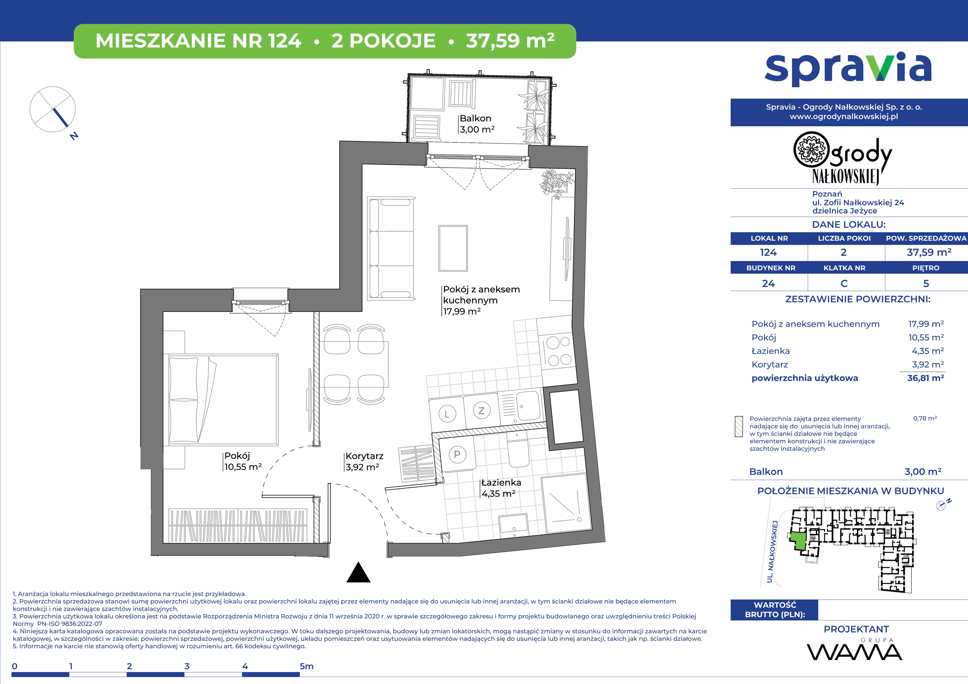 2 pokoje, mieszkanie 37,59 m², piętro 5, oferta nr 24-124, Ogrody Nałkowskiej, Poznań, Ogrody, ul. Nałkowskiej 24, 26